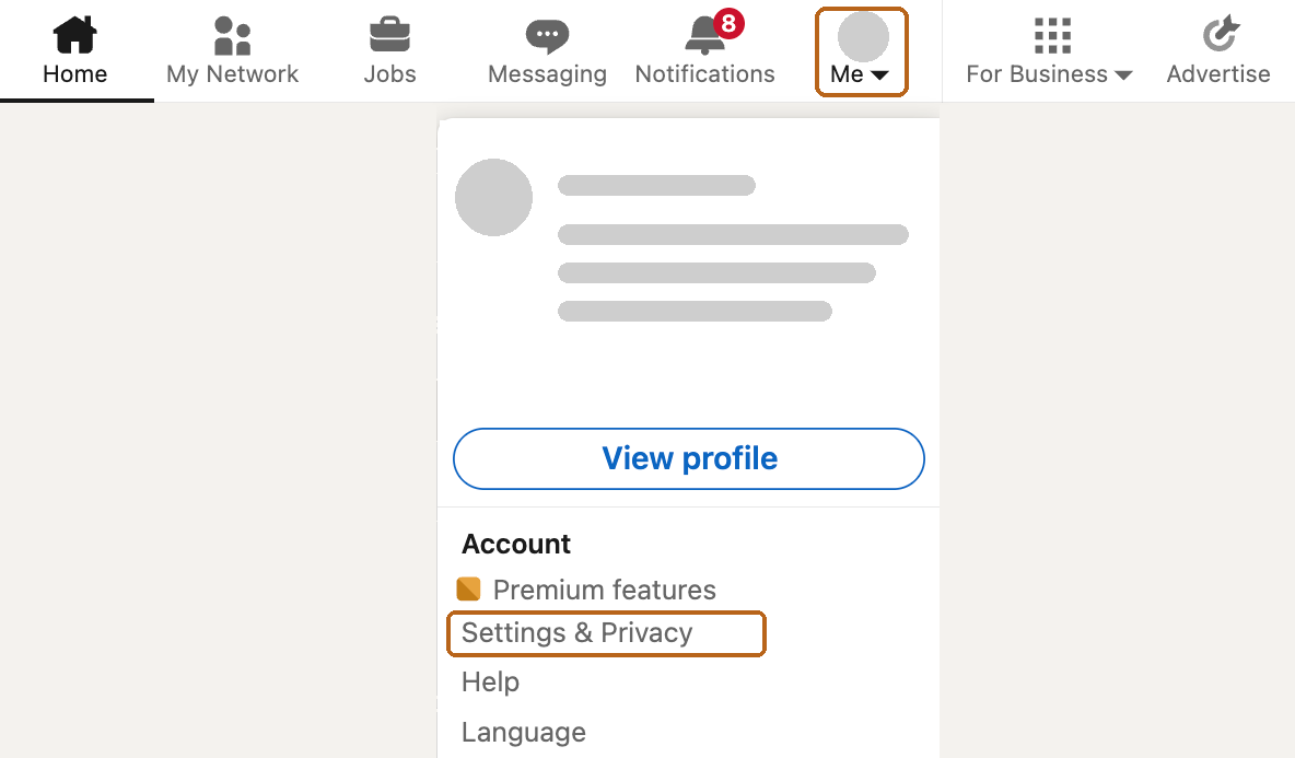 LinkedIn’s top bar with the Me menu open and Settings & Privacy marked.