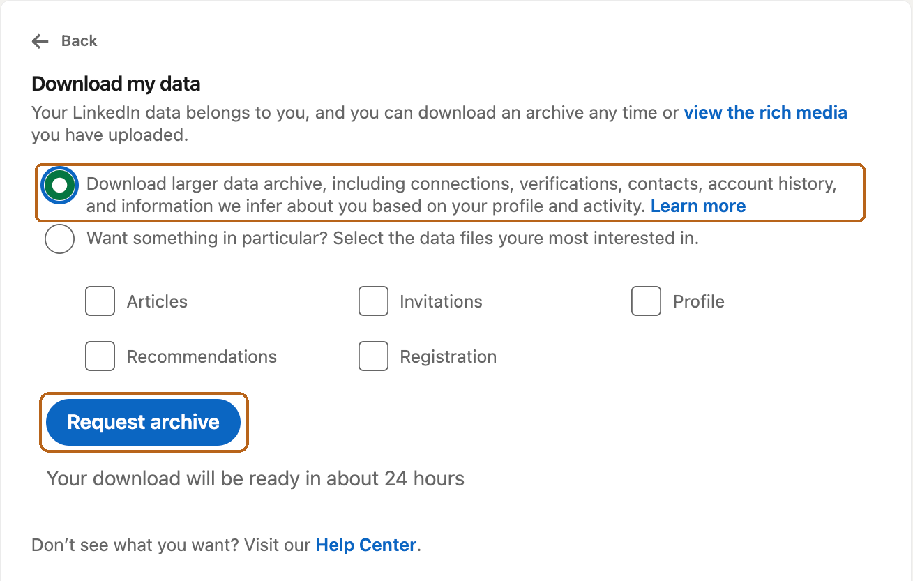 LinkedIn’s Download my data page with the larger data archive option chosen and the Request archive button marked.